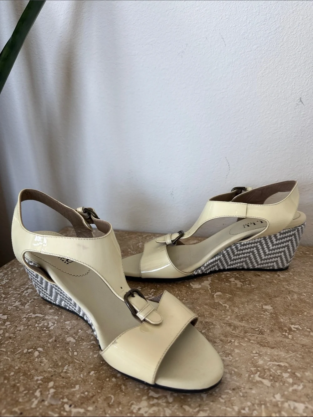 Anyi Lu Cream Patent Leather Buckle Slingback Heels Made in Italy